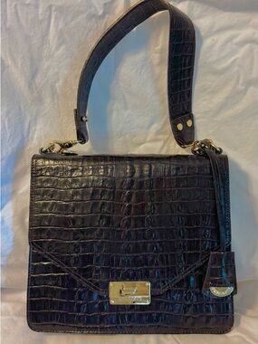 Brahmin Croc-Embossed Espresso Brown Shoulder Bag with Gold Hardware